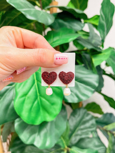 Glitter Heart Pearl Drop Earrings: Red