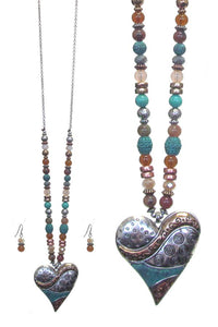 VINTAGE HEART BEAD  LONG NECKLACE SET