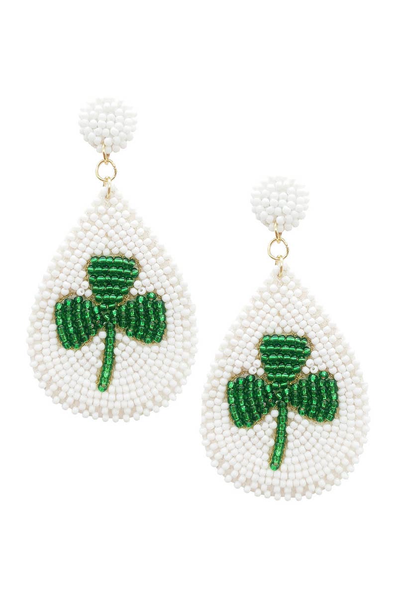 SAINT PATRICK`S SEED BEAD CROVER TEARDROP EARRING: White