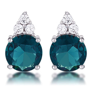 Simple Rhodium Plated 9mm Blue Green CZ Stud Earring