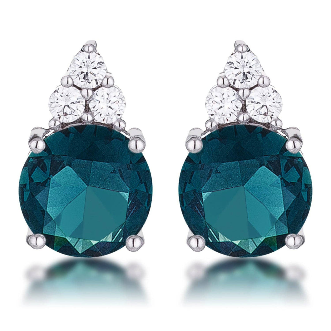 Simple Rhodium Plated 9mm Blue Green CZ Stud Earring