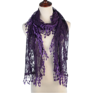 One Piece Leaf Pattern Lace Scarf with Tasse Purple