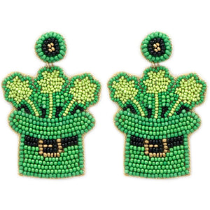 GREEN LUCKY HAT SEED BEAD EARRING