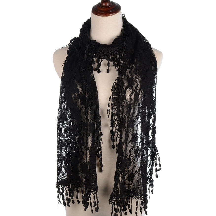 One Piece Leaf Pattern Lace Scarf with Tasse Black