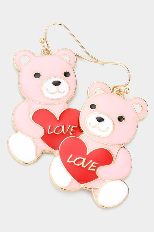 Heart Pointed Enamel Bear Dangle Earrings