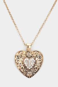 Rhinestone Filigreed Metal Heart Necklace