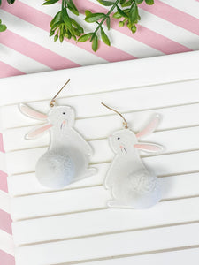 White Bunny Pom-Tail Dangle Earrings