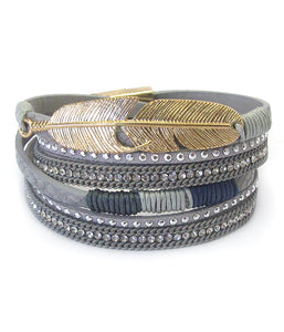 Metal feather and crystal leather wrap bracelet